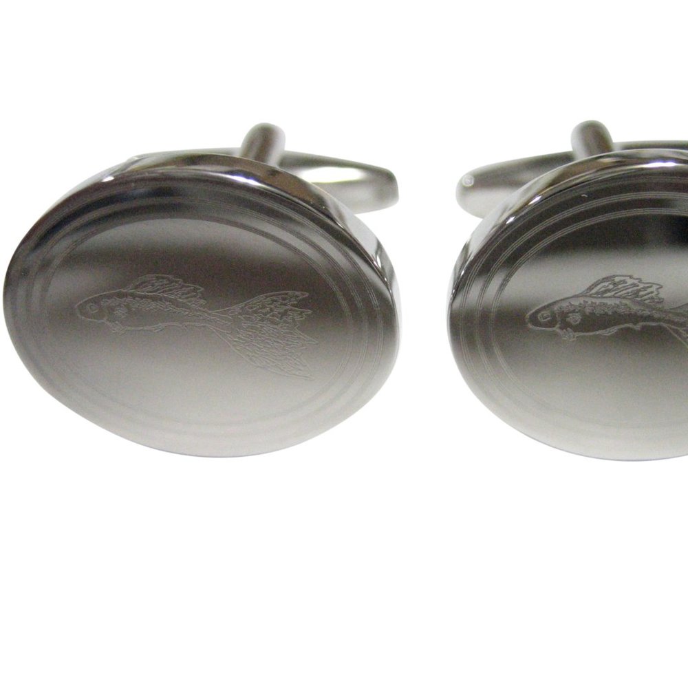 Silver Toned Oval Etched Guppy Fish Cufflinks